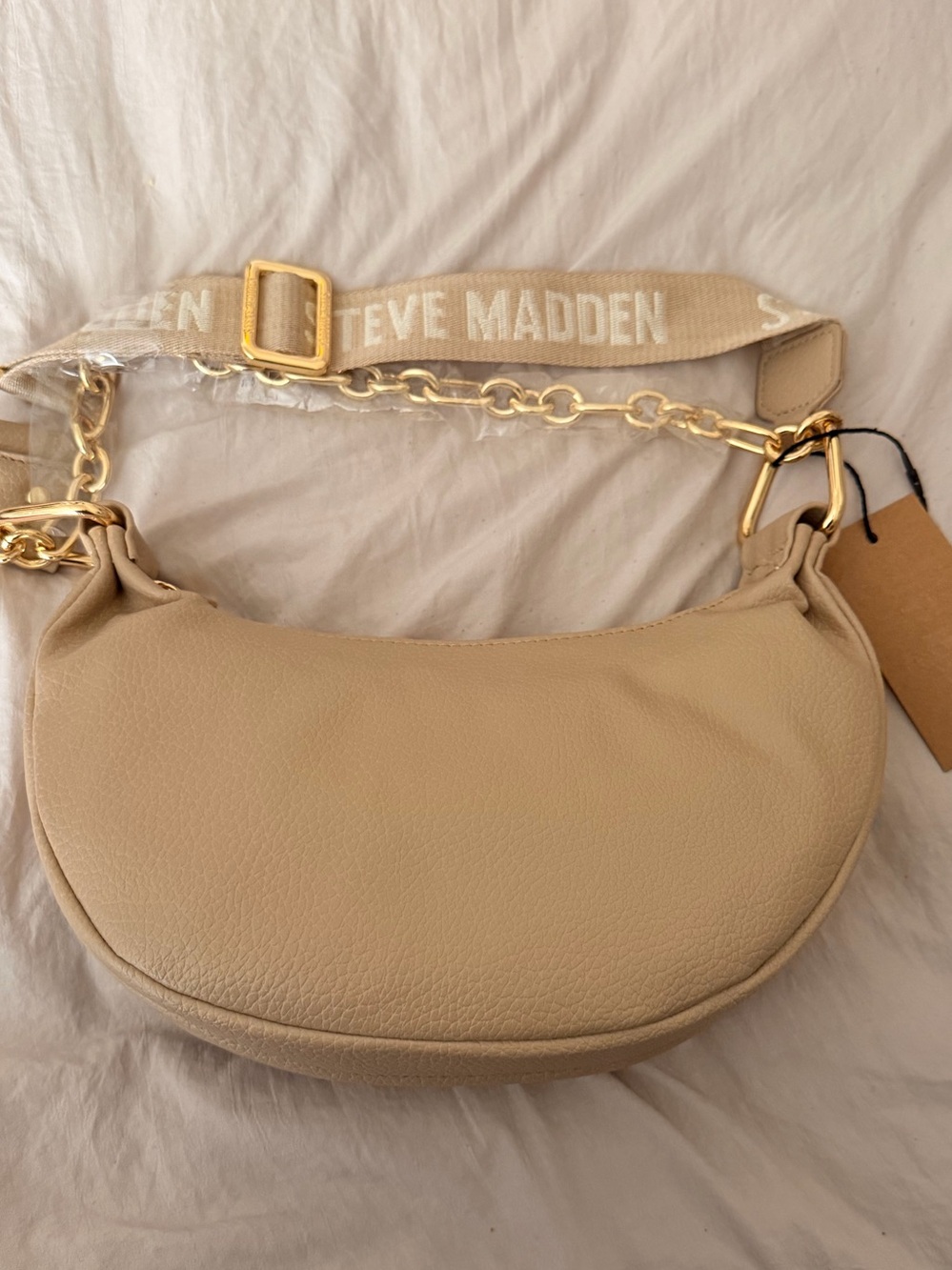 Steve Madden Neutral Crescent Shoulder Bag with Gold Chain